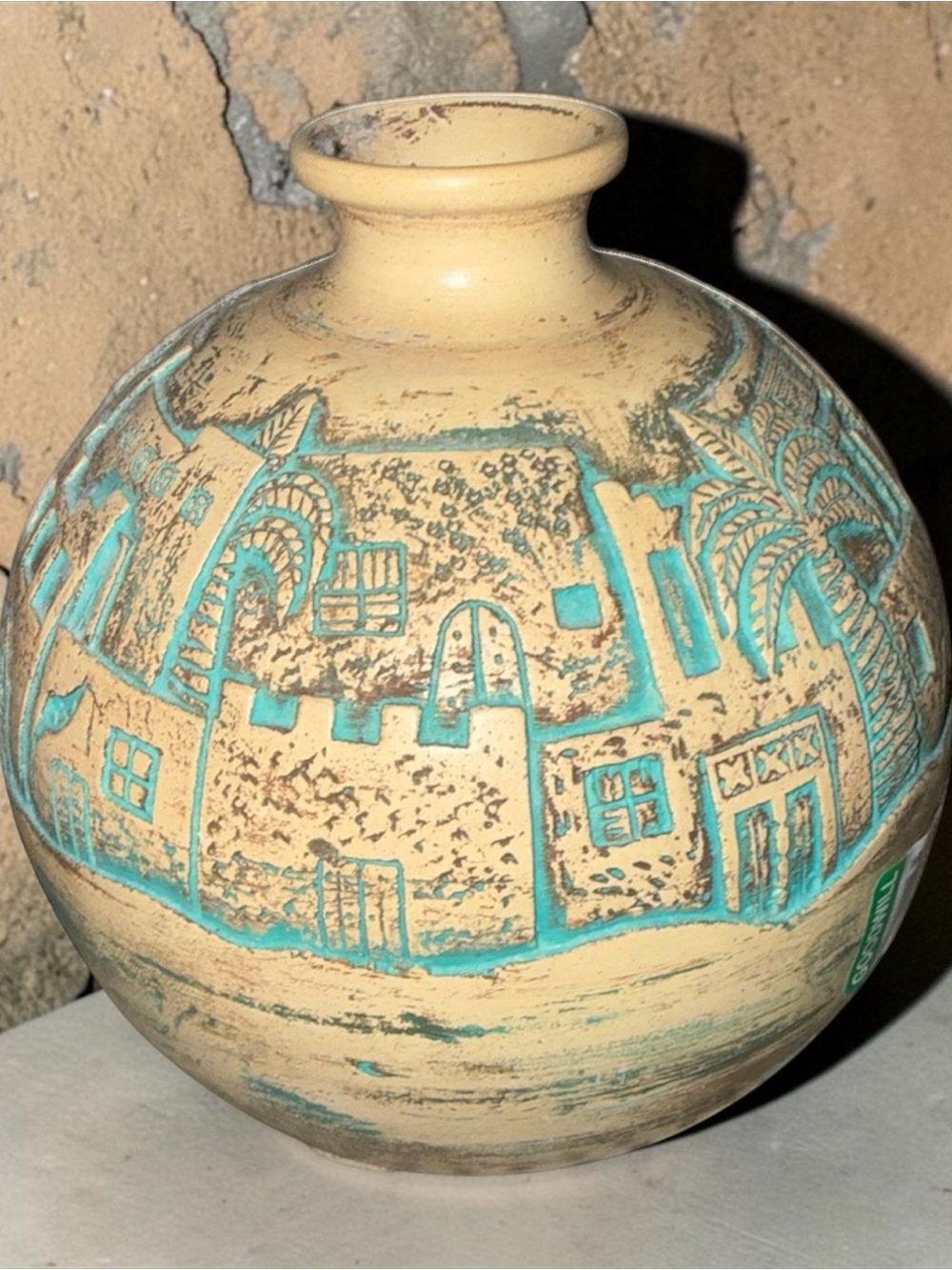 Bahrain Handcrafted Delmon Pottery Mid Century Incised Ornate Design 7” Tall